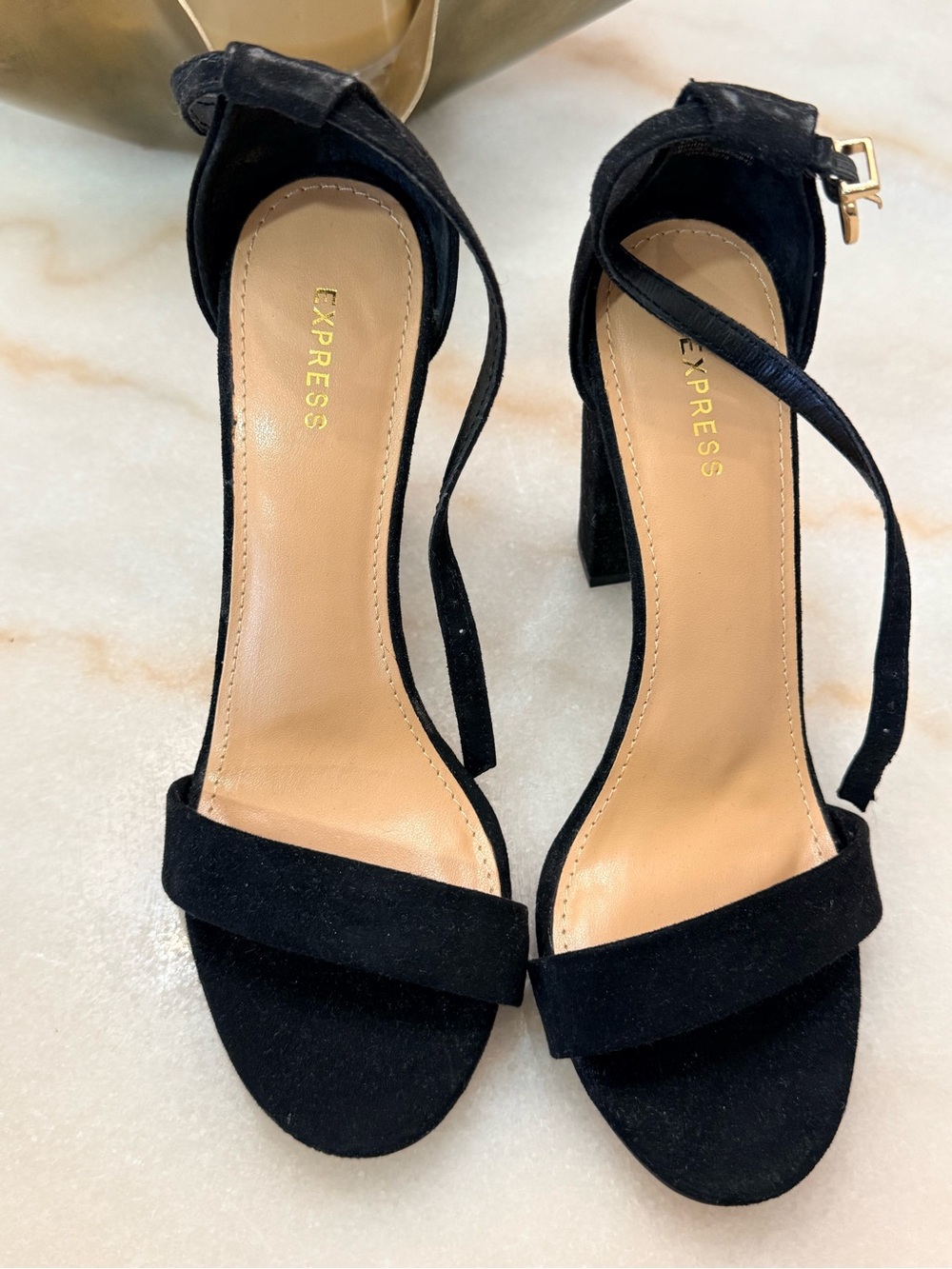 Express Black Suede Block Heel Sandals with Ankle Wrap